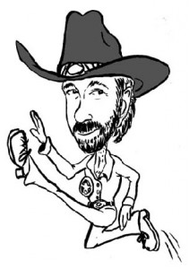 Cartoon Drawing of Chuck Norris Flying Kick Knockout